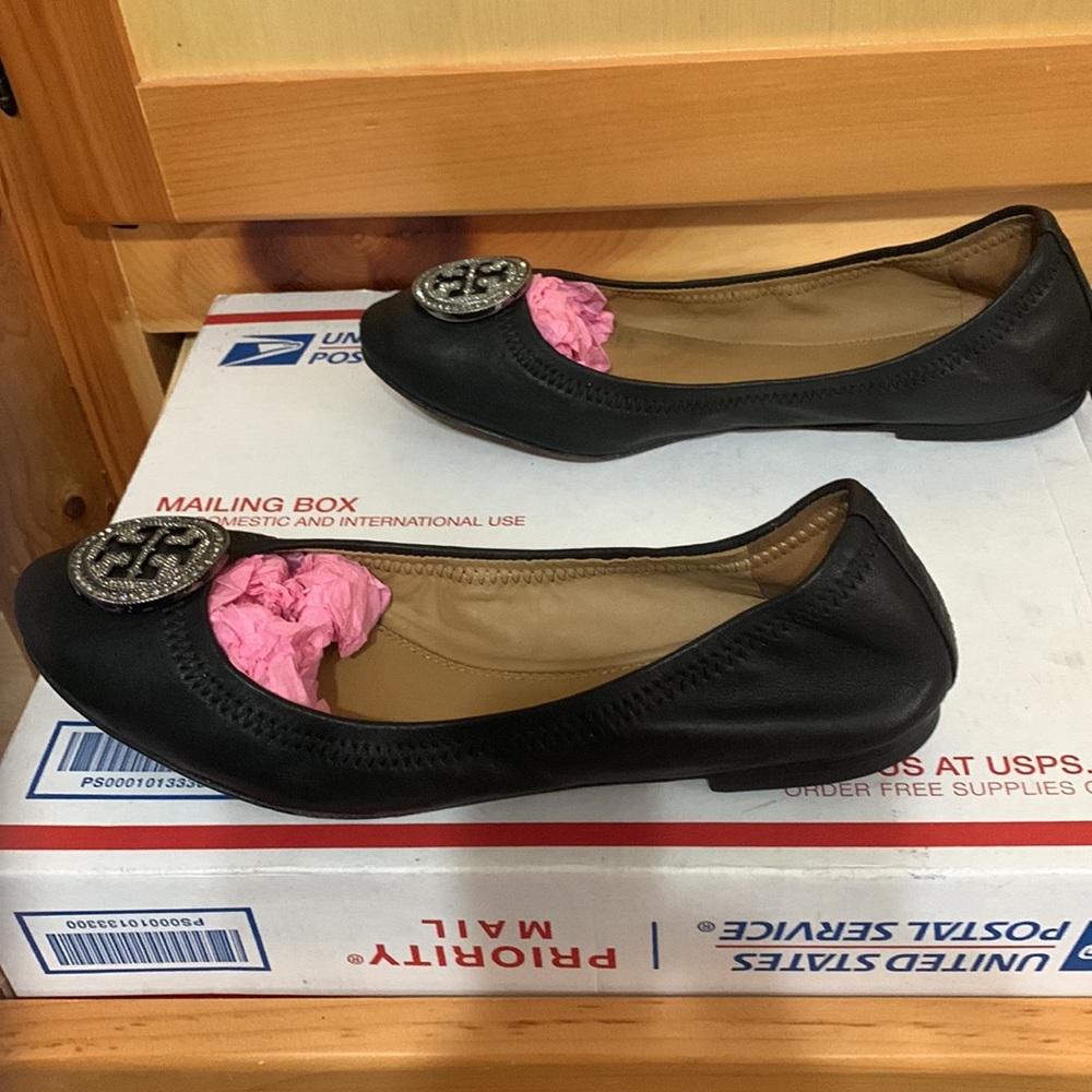 Tory Burch Black Leather Sparkle Logo Flats - Picture 4 of 6